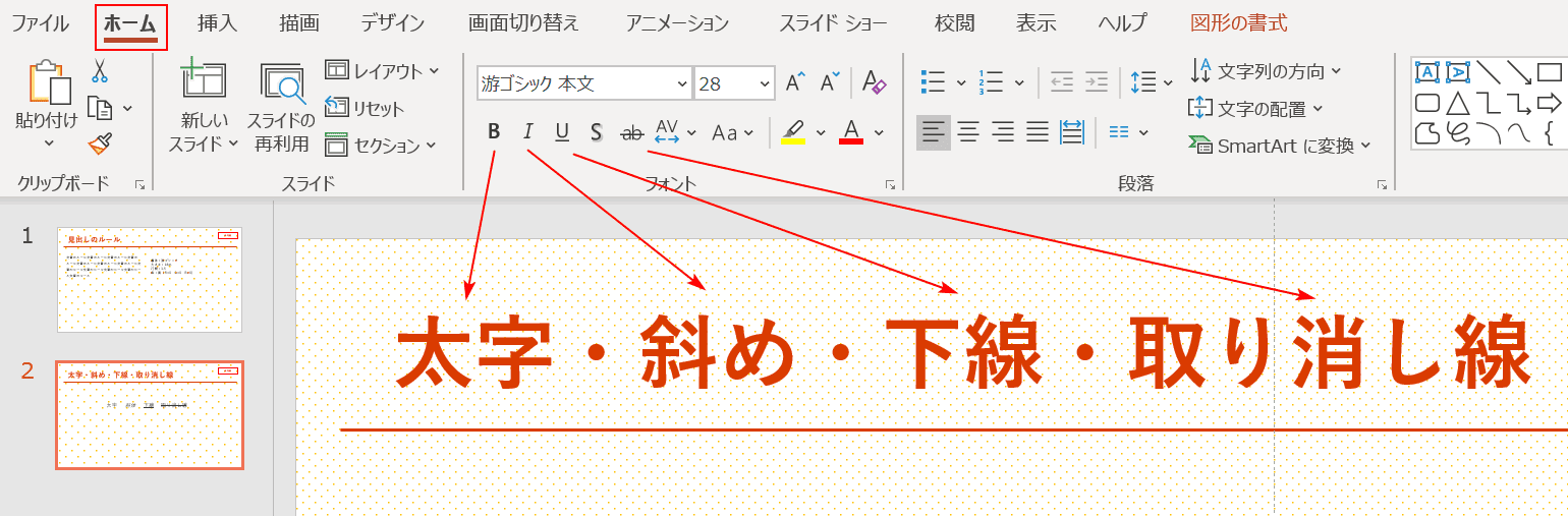 太字、対角線、下線、アンドスルー