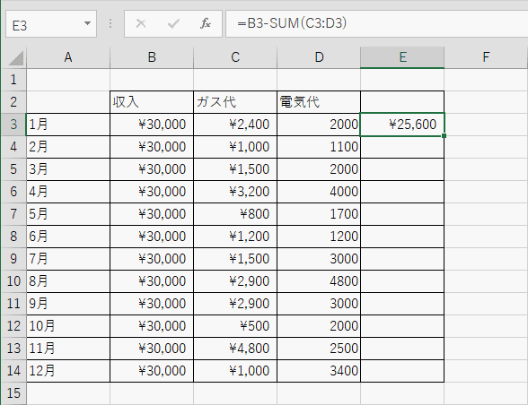 計算の結果がセルに表示されます。
