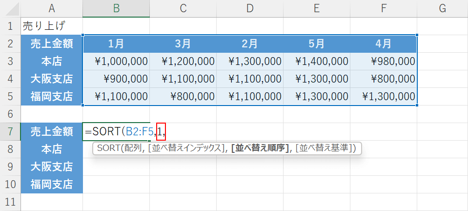 ソートインデックス引数の設定