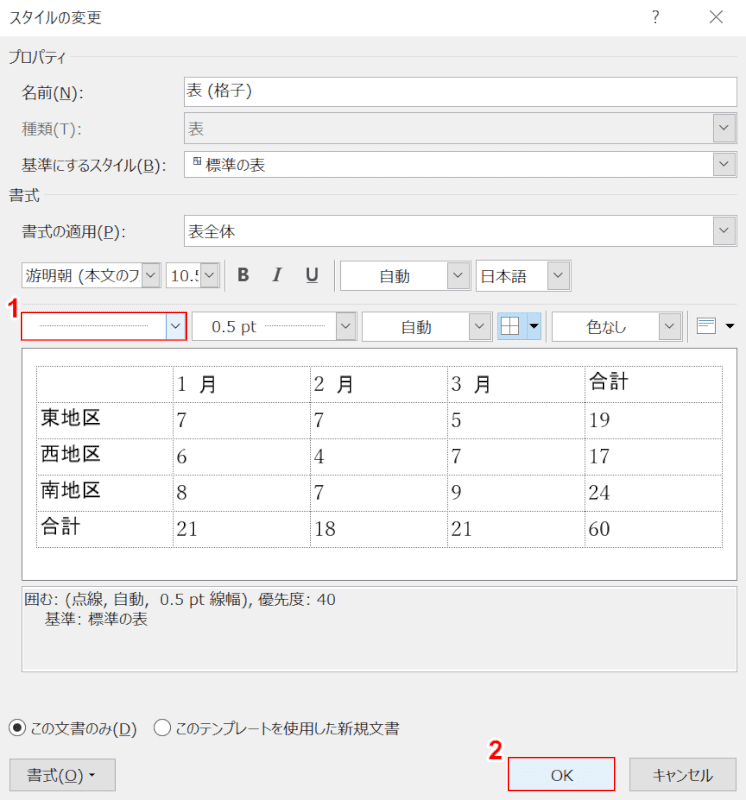 点線に設定してOKボタンを押す